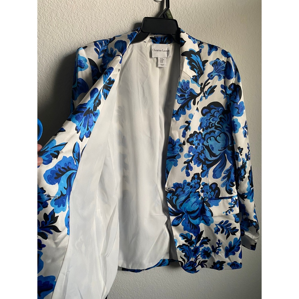 Christian Lacroix Women Floral Print Modern Blazer Size M Blue White Chic Bold
